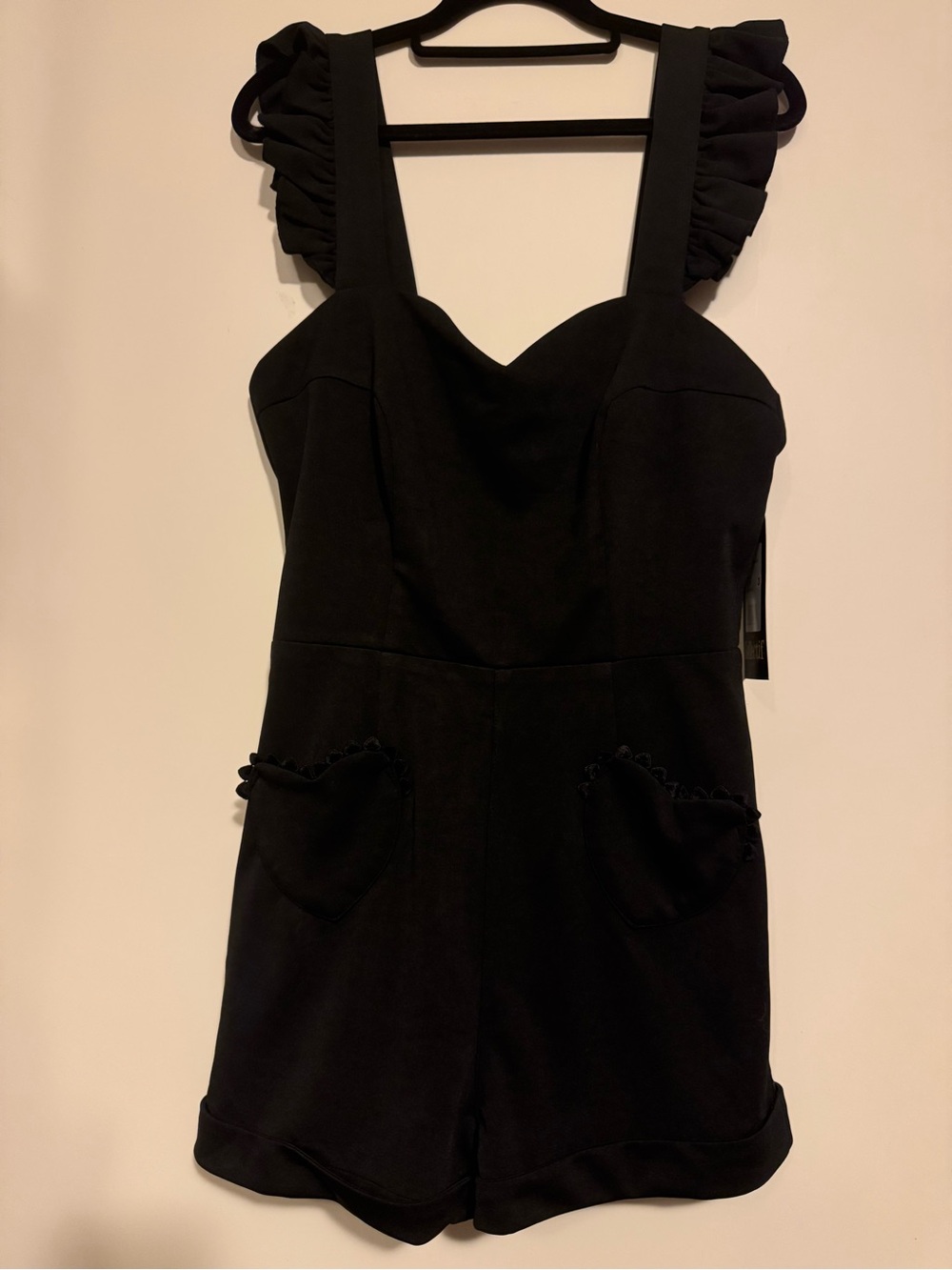 NWT Collectif Black Ruffle-Shoulder Heart Pocket Romper size Medium